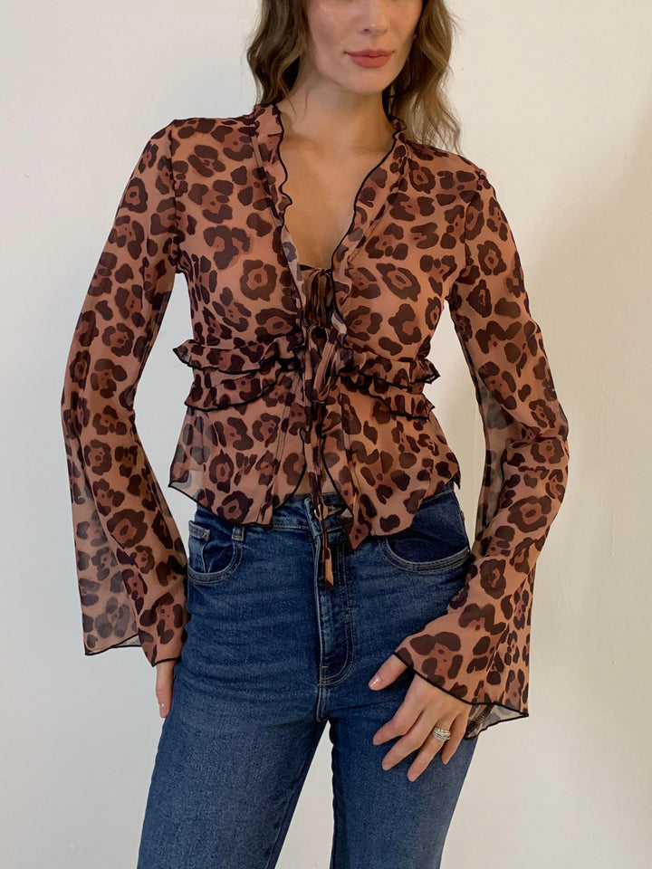 Bluse mit Leo-Print, Halbtransparent und Rüschen-V-Ausschnitt