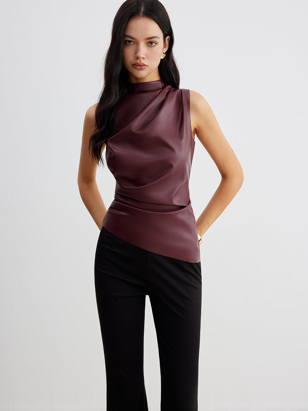 Mock-Neck Kunstleder-Tanktop mit Raffung
