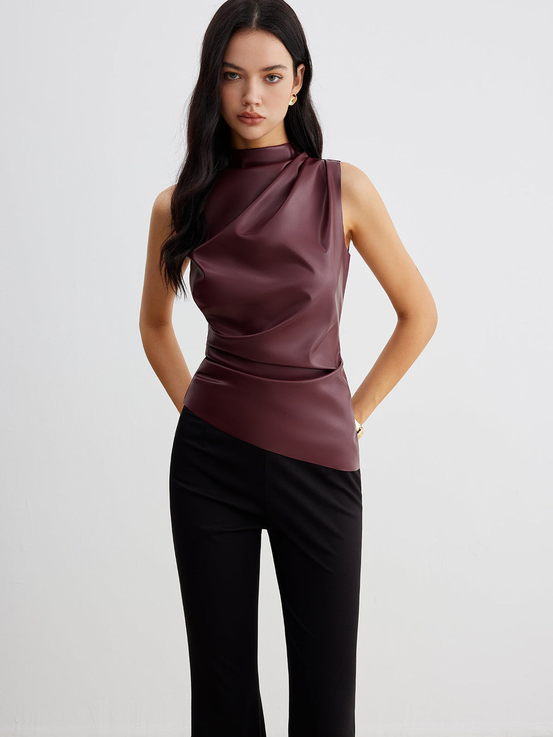 Mock-Neck Kunstleder-Tanktop mit Raffung