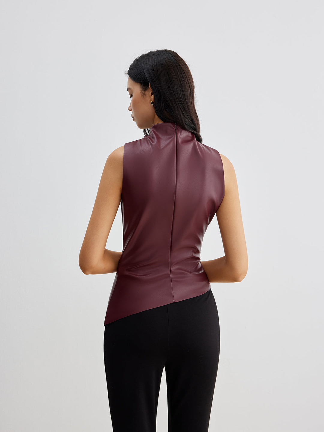 Mock-Neck Kunstleder-Tanktop mit Raffung