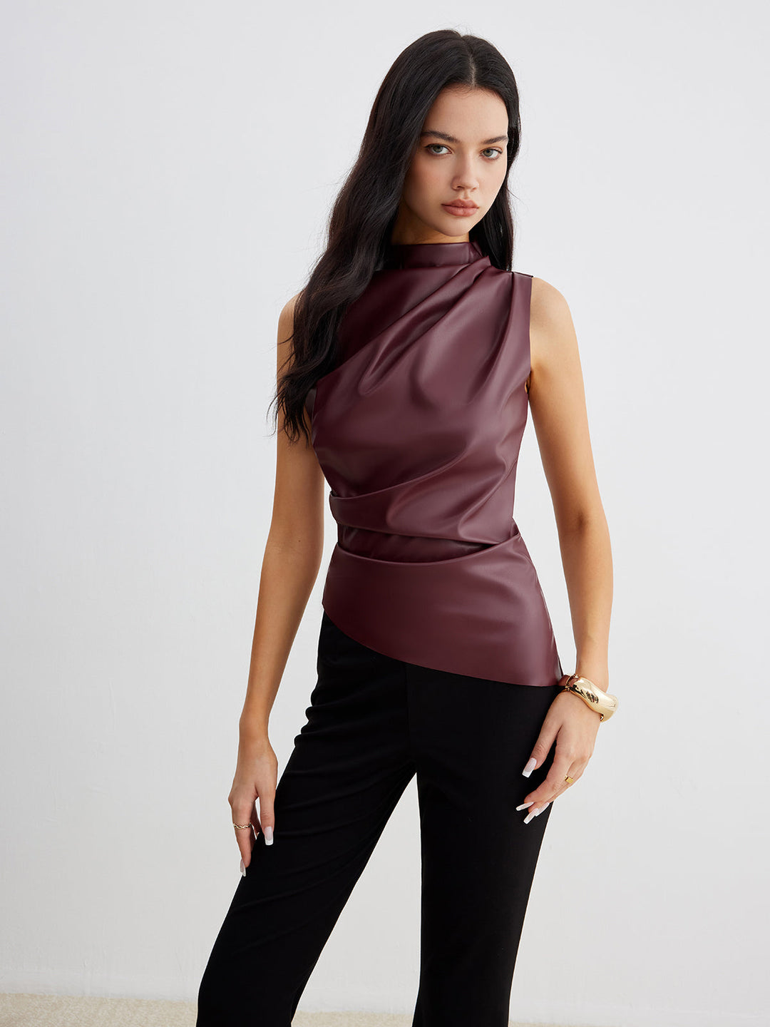 Mock-Neck Kunstleder-Tanktop mit Raffung