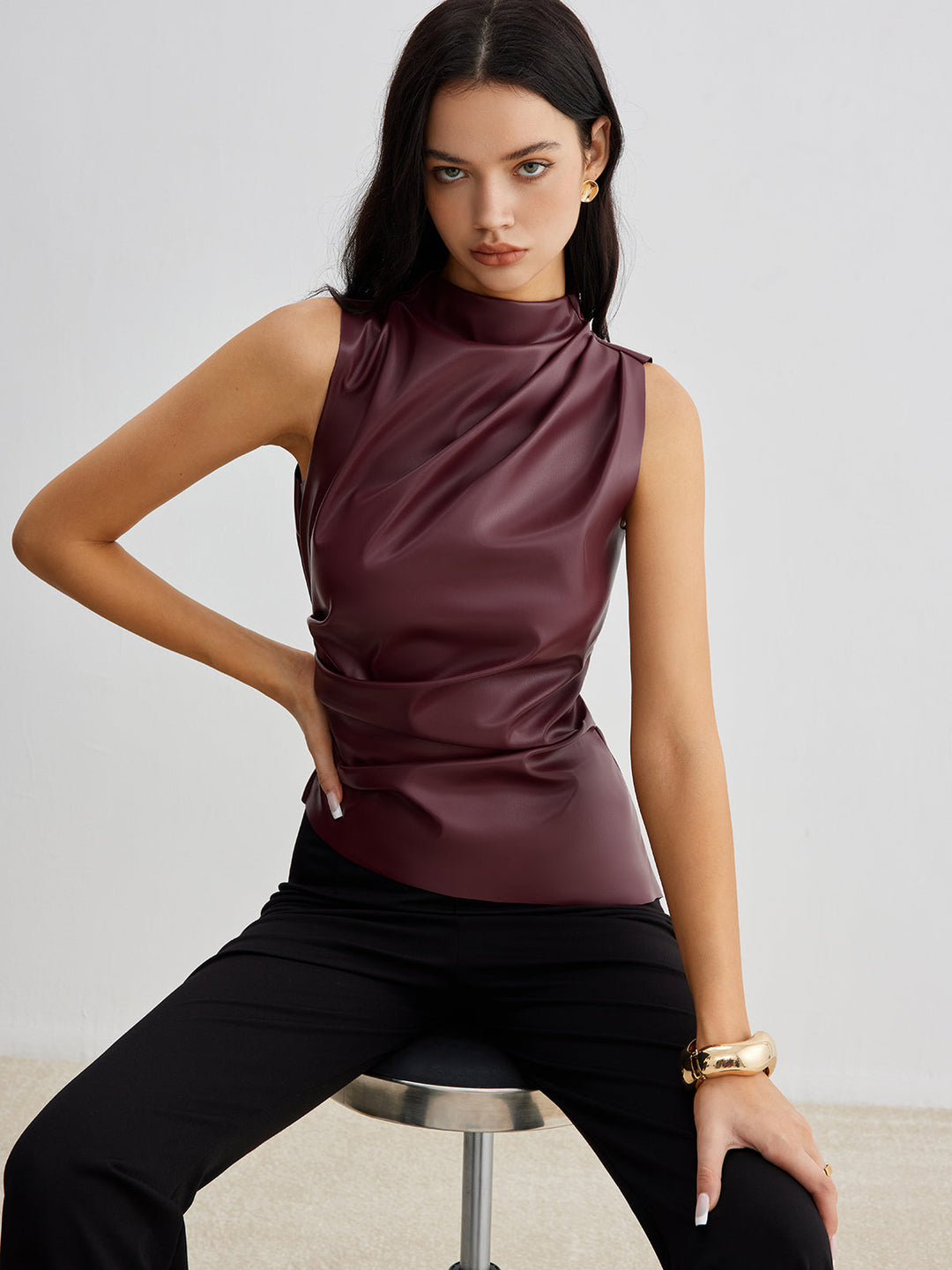 Mock-Neck Kunstleder-Tanktop mit Raffung