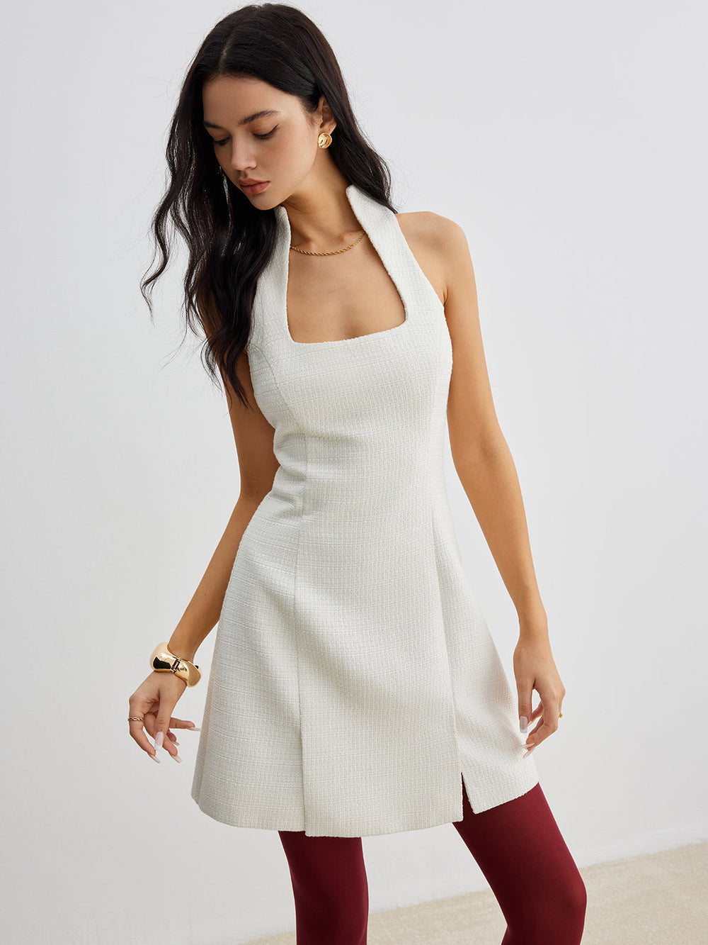 Kleid aus Tweed mit quadratischem Ausschnitt und Reißverschluss