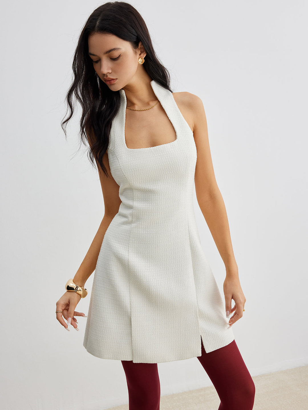 Kleid aus Tweed mit quadratischem Ausschnitt und Reißverschluss