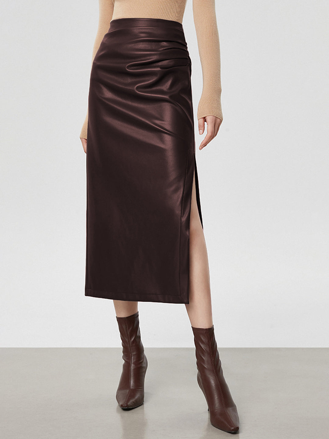 Faux Leather Ruched Slit Midi Rock