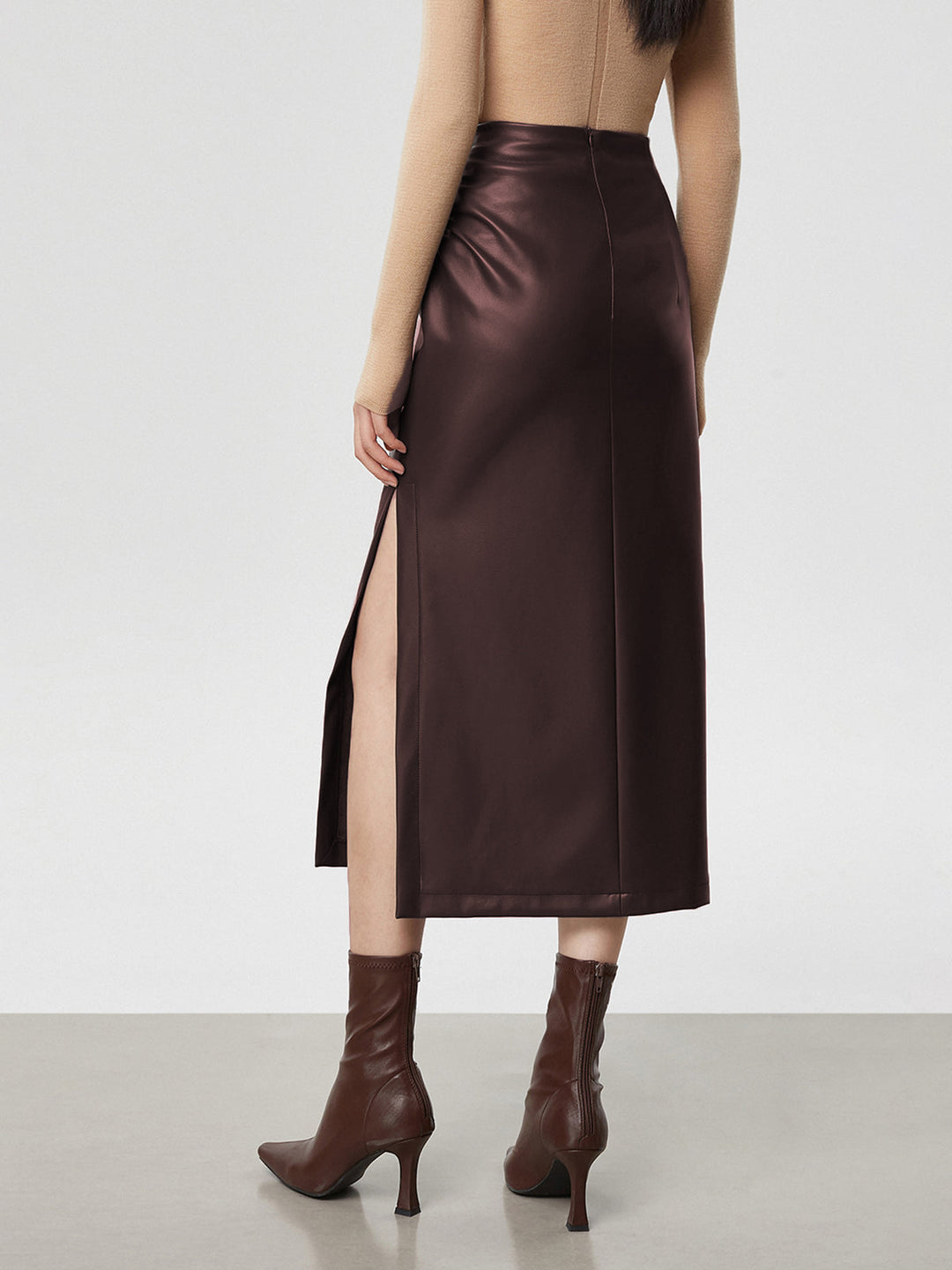 Faux Leather Ruched Slit Midi Rock