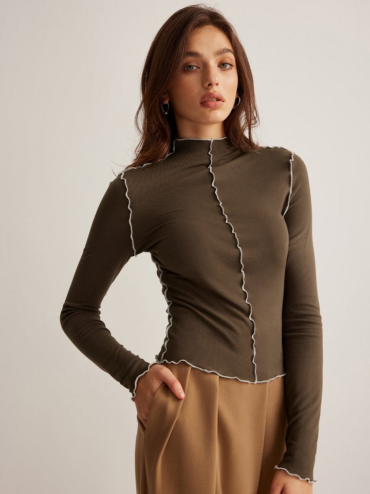 Mock-Neck-Jersey-Oberteil-mit-Wellenpaspel