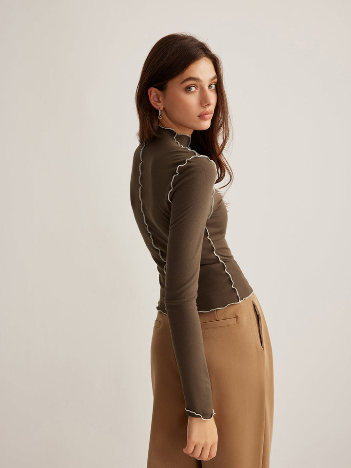 Mock-Neck-Jersey-Oberteil-mit-Wellenpaspel