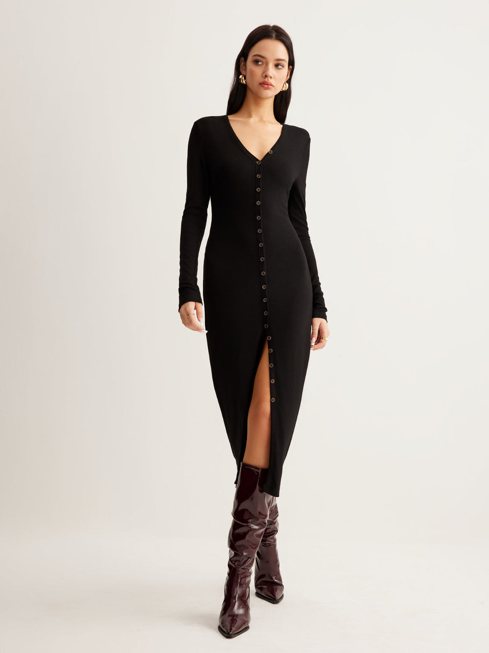 V-Ausschnitt Knopf Enganes Langes Kleid