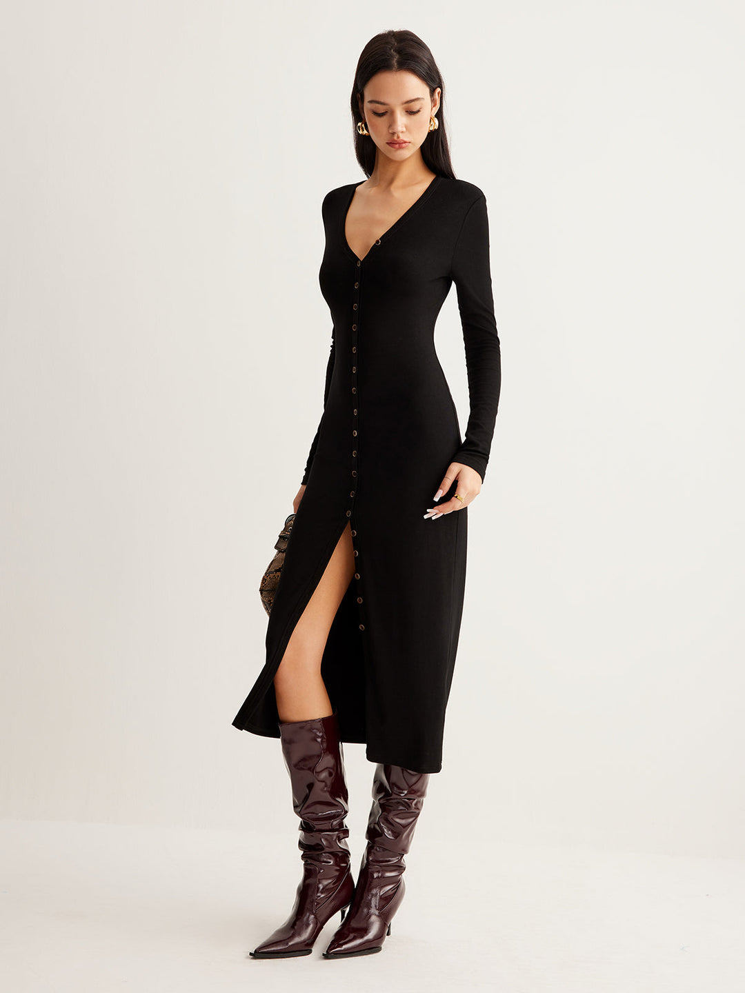 V-Ausschnitt Knopf Enganes Langes Kleid