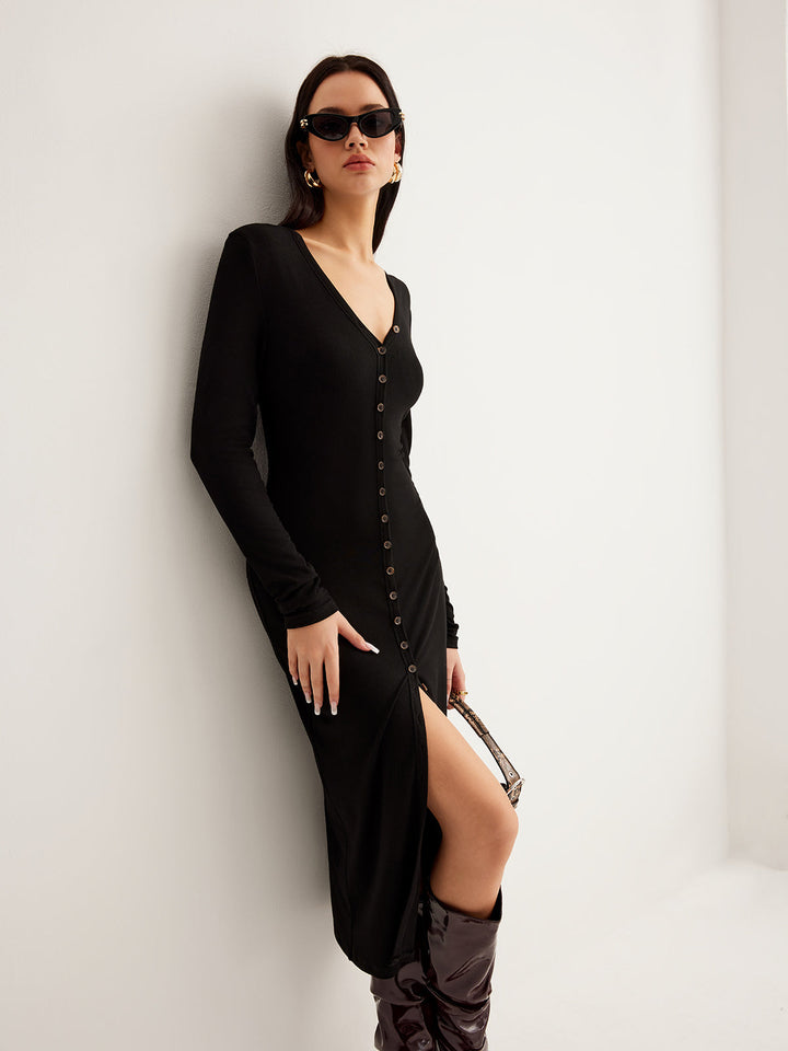 V-Ausschnitt Knopf Enganes Langes Kleid
