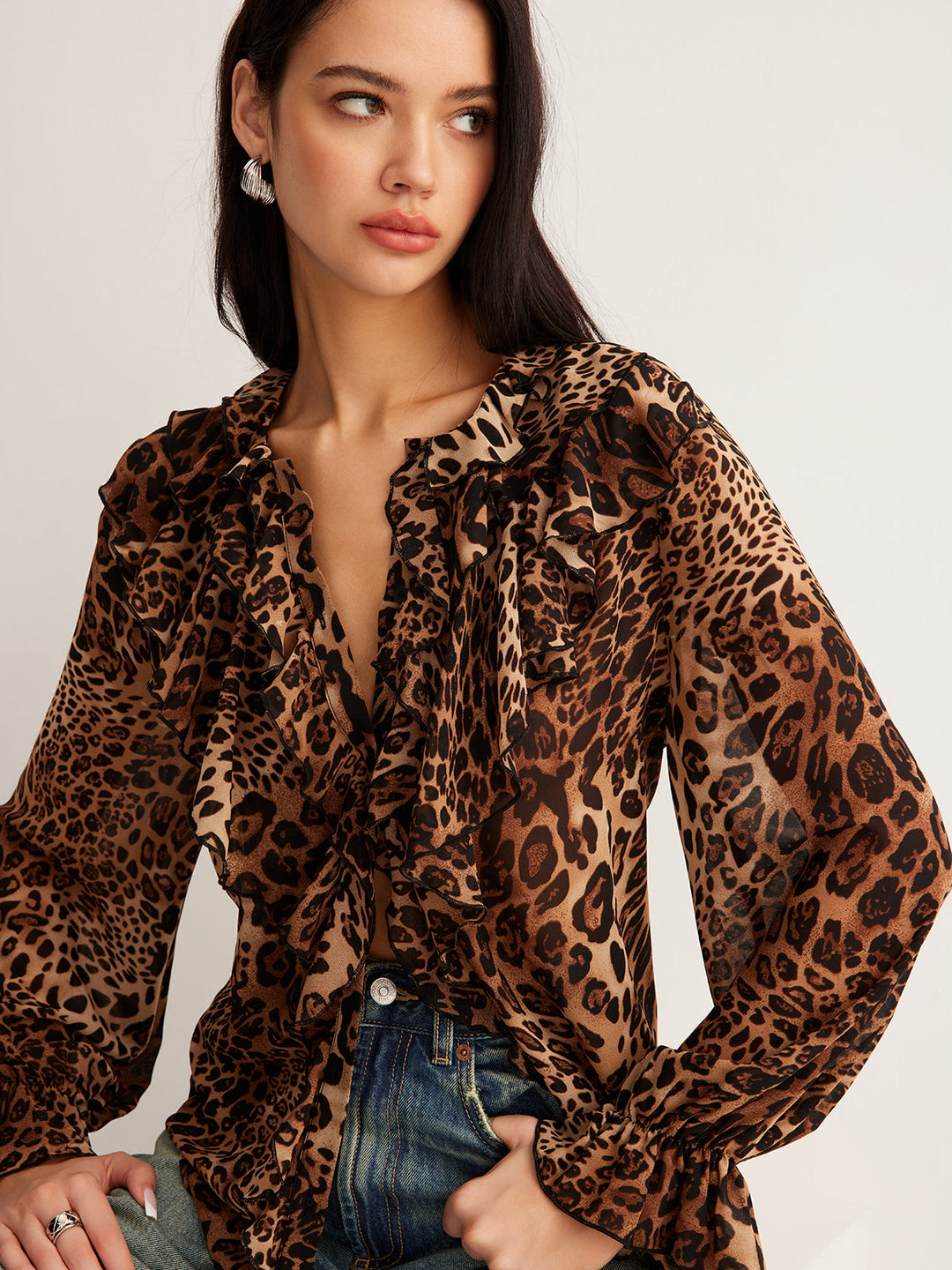 Leopardenmuster Rüschenbluse
