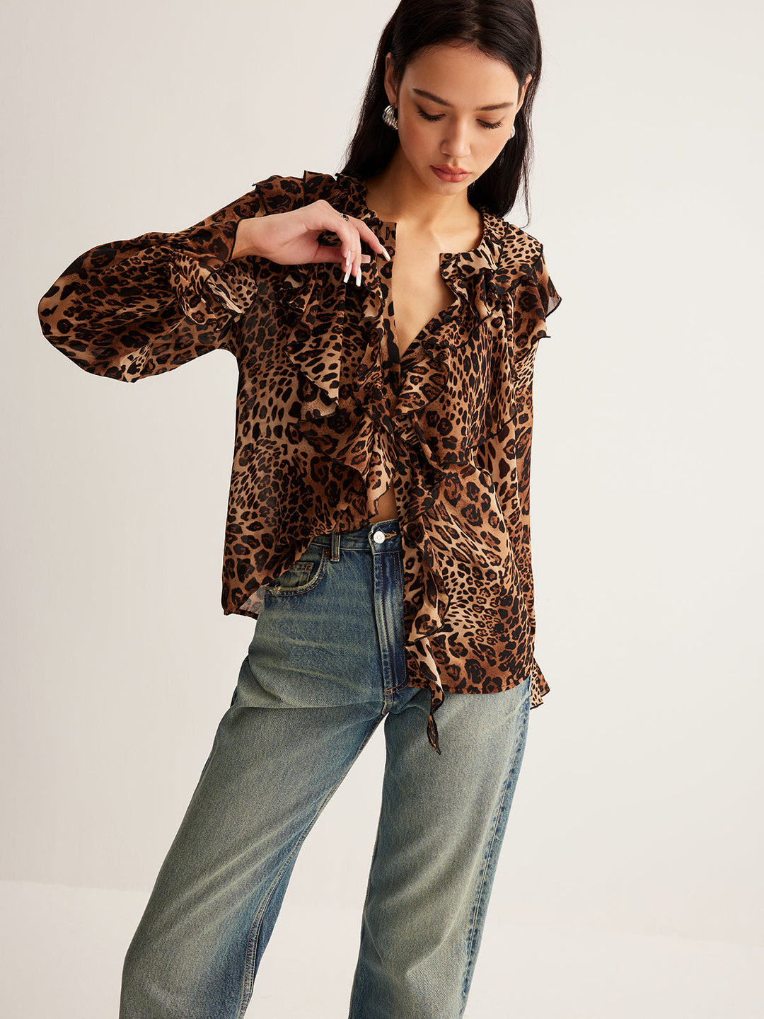 Leopardenmuster Rüschenbluse