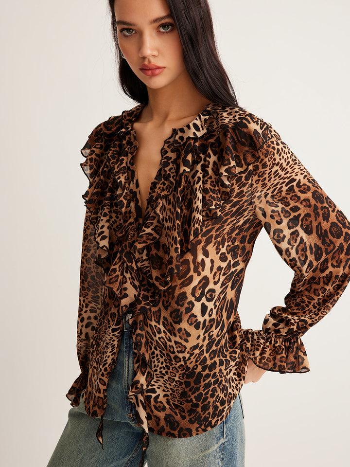 Leopardenmuster Rüschenbluse