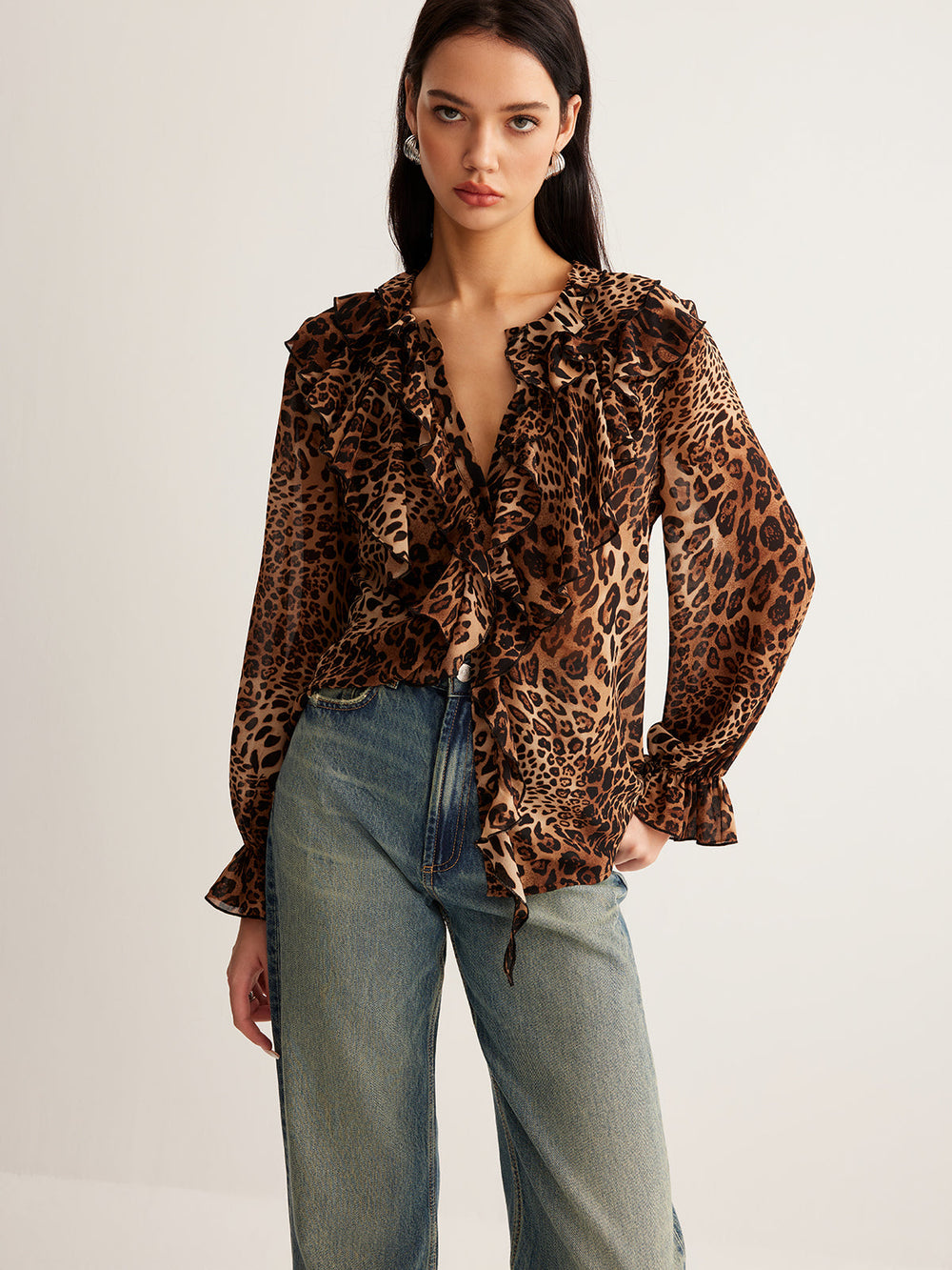 Leopardenmuster Rüschenbluse