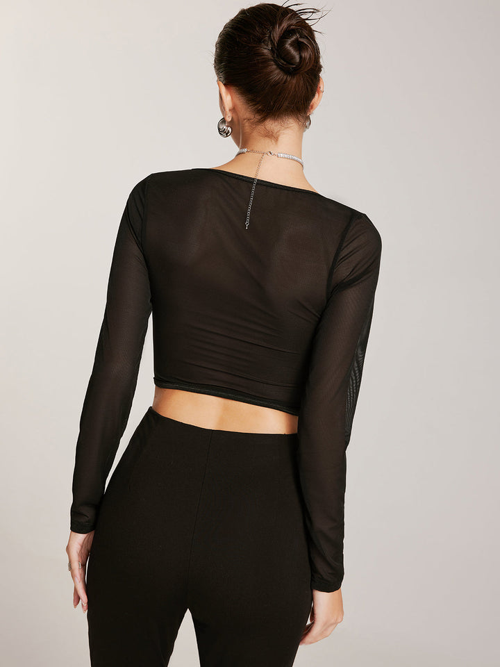 Transparente Langarm-T-Shirt mit Herzausschnitt und Spitzen-Skinny-Schnitt