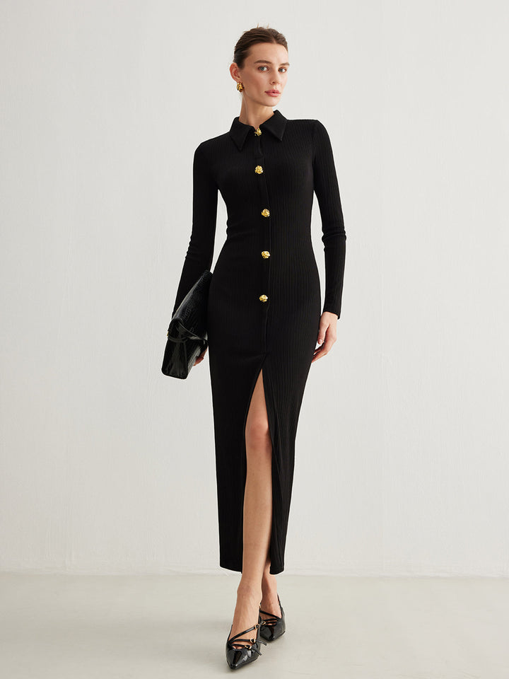Metallknof-Kleid mit geteiltem Revers