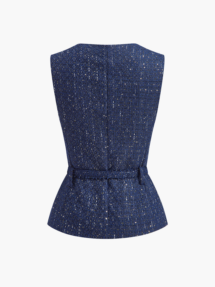 Sequins Button Belted Tweed Weste