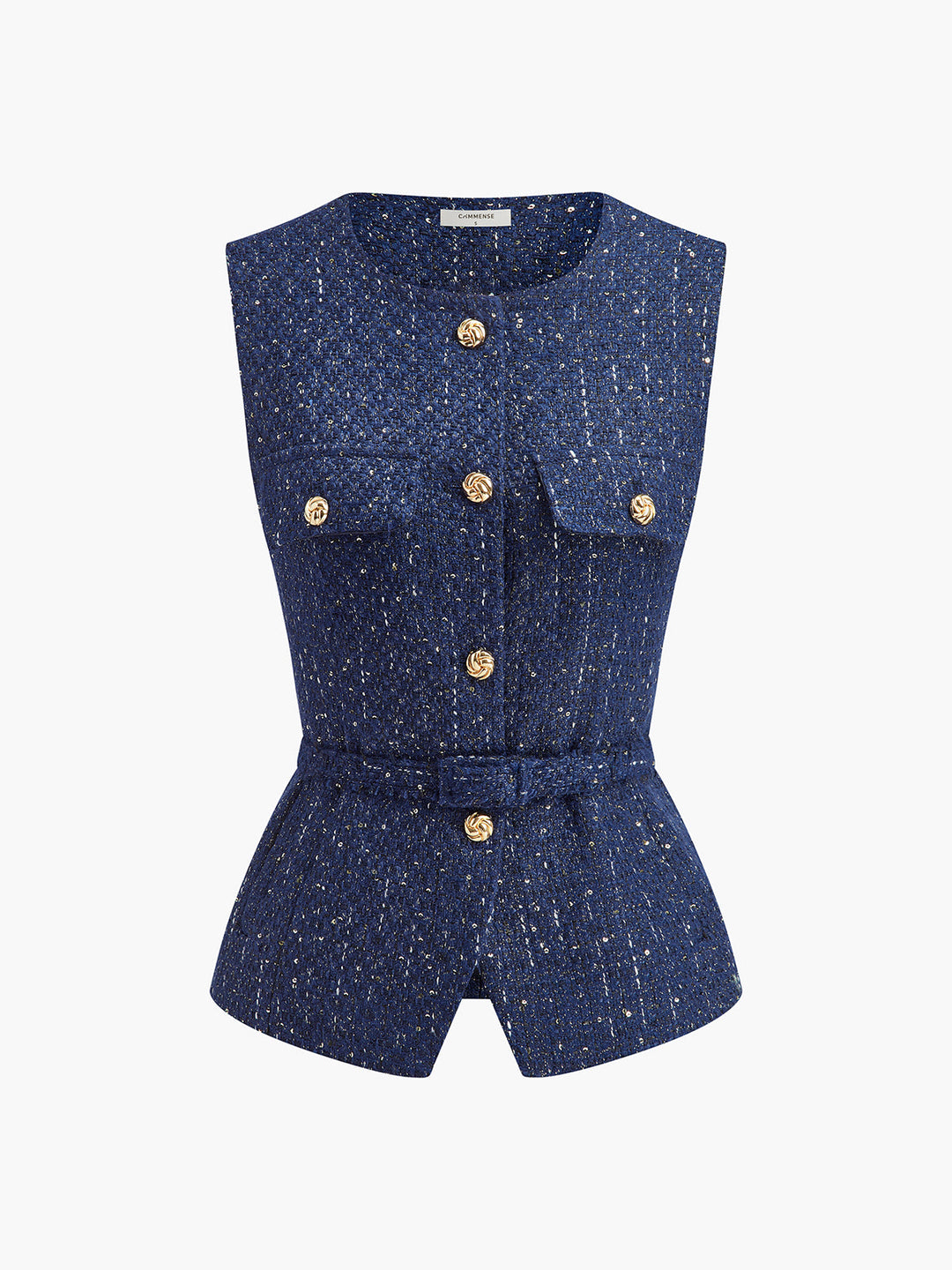 Sequins Button Belted Tweed Weste
