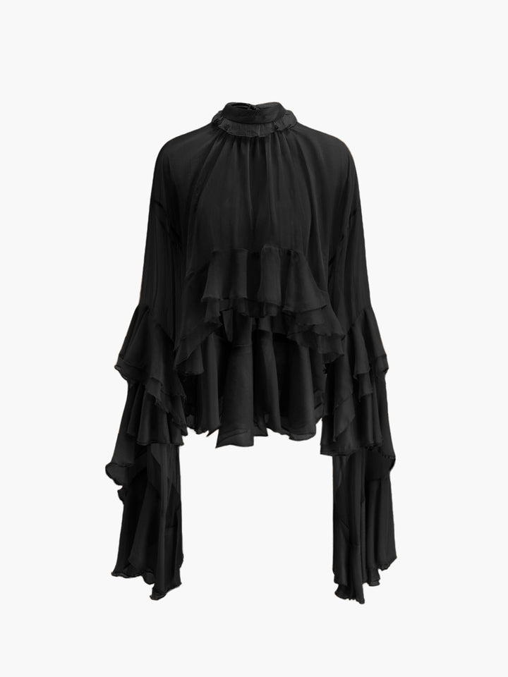 Sheer Rollkragen Rüschen Chiffonbluse