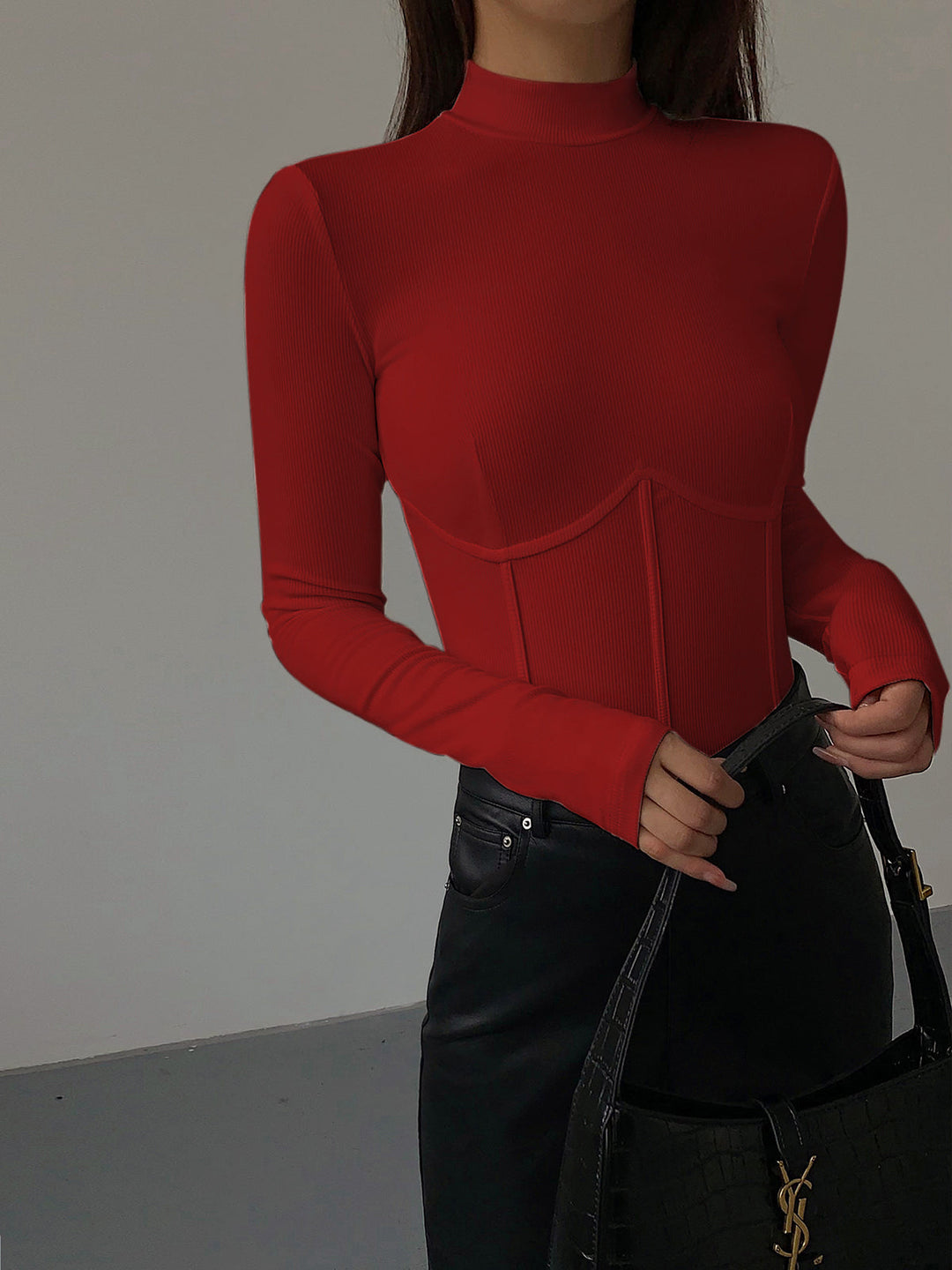 Mock-Neck-Piping-Slim-T-Shirt