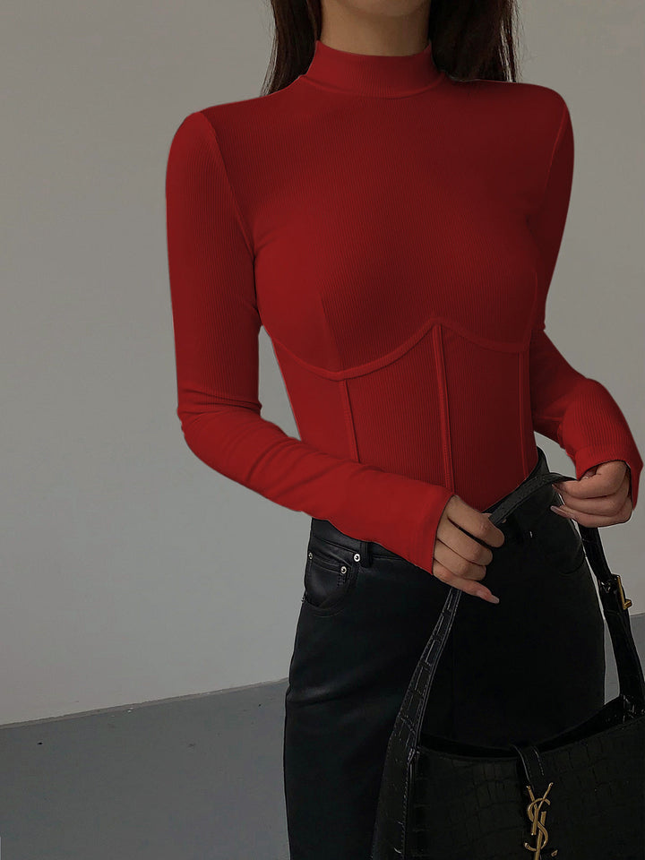 Mock-Neck-Piping-Slim-T-Shirt