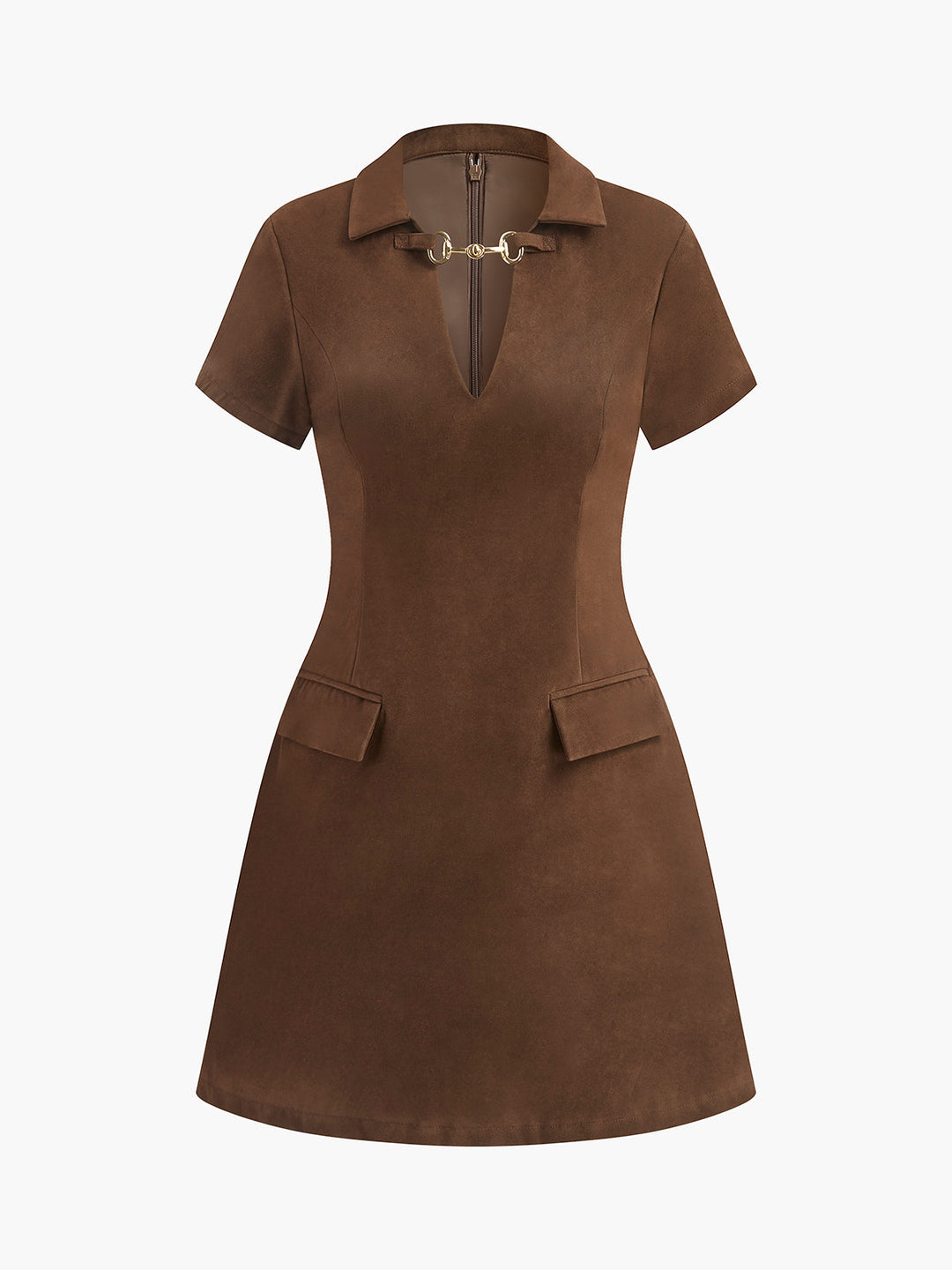 V-Ausschnitt Kurzarm Wildleder Kleid