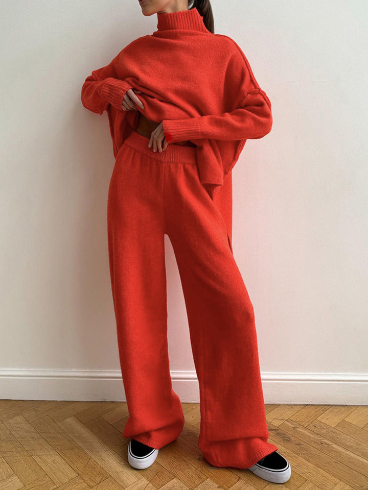 Schlichte Rollkragen-Strickhose-Set