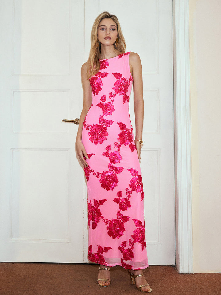 Romantik geblümtes ärmelloses Netz-Kleid