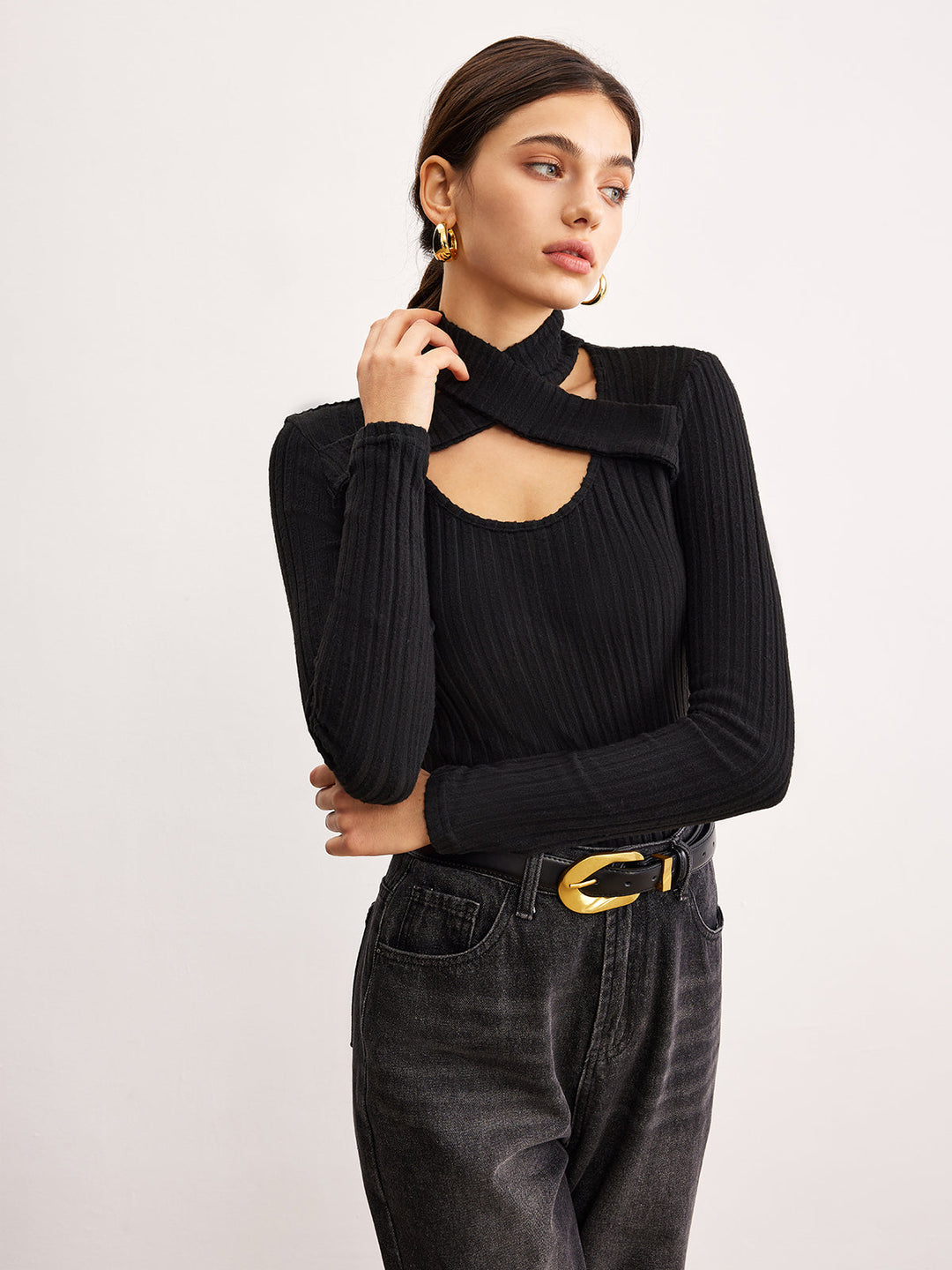 Criss Cross Neck Geripptes Oberteil