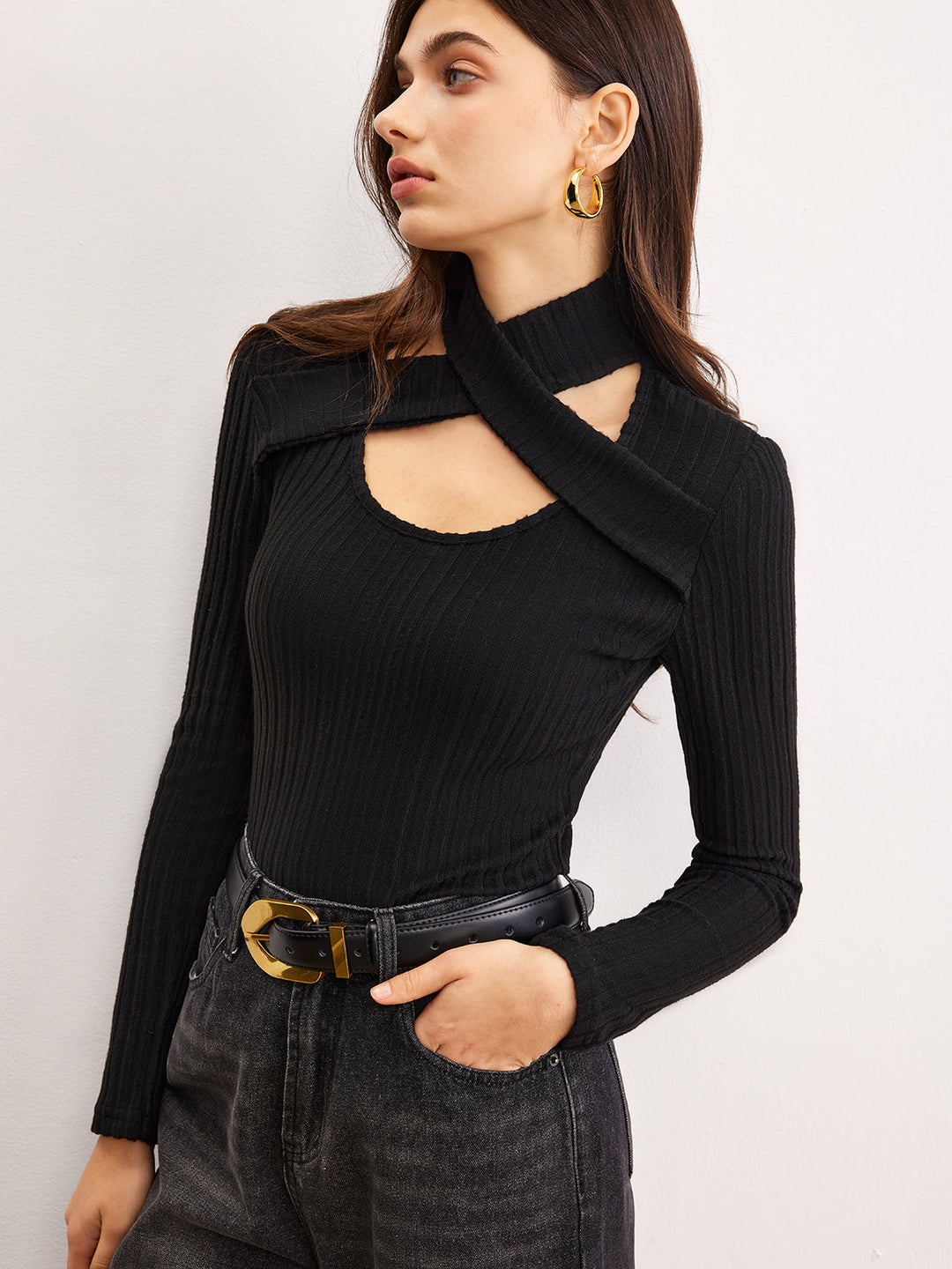 Criss Cross Neck Geripptes Oberteil