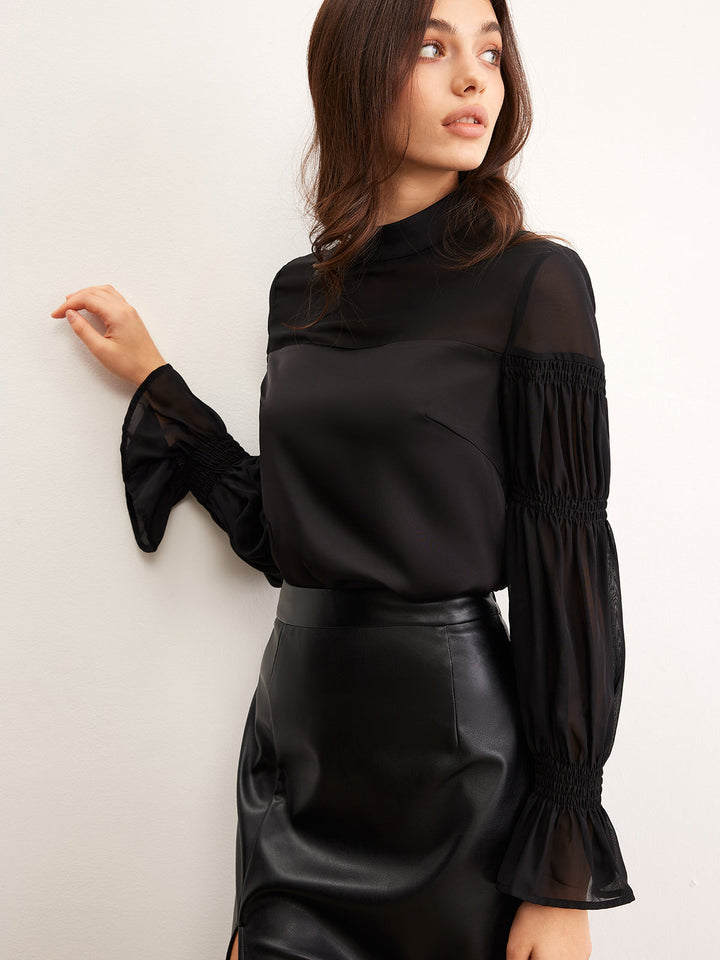 Standkragen Chiffon-Panel-Bluse