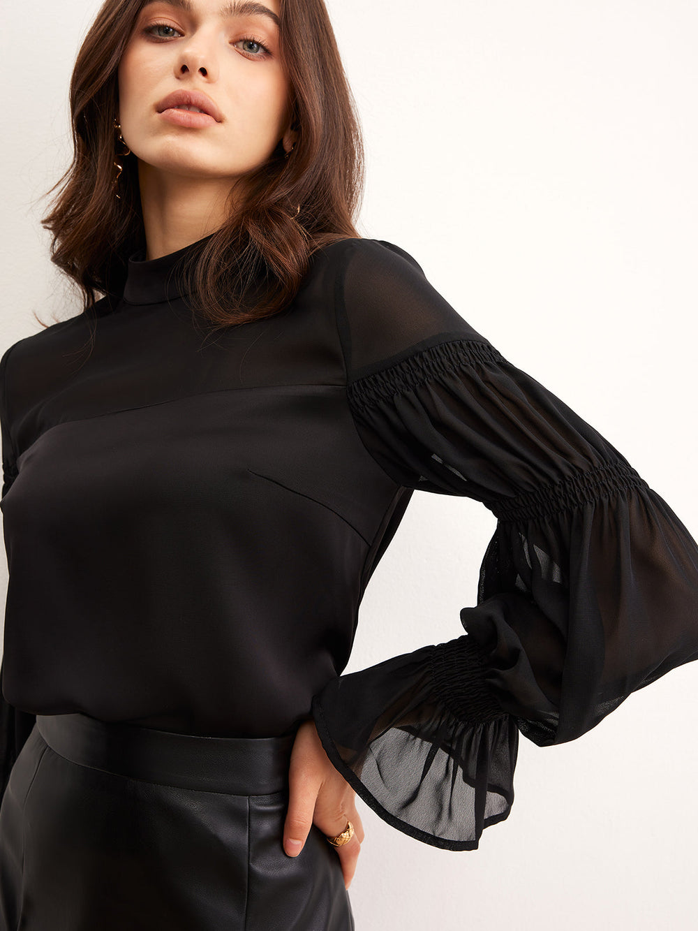 Standkragen Chiffon-Panel-Bluse