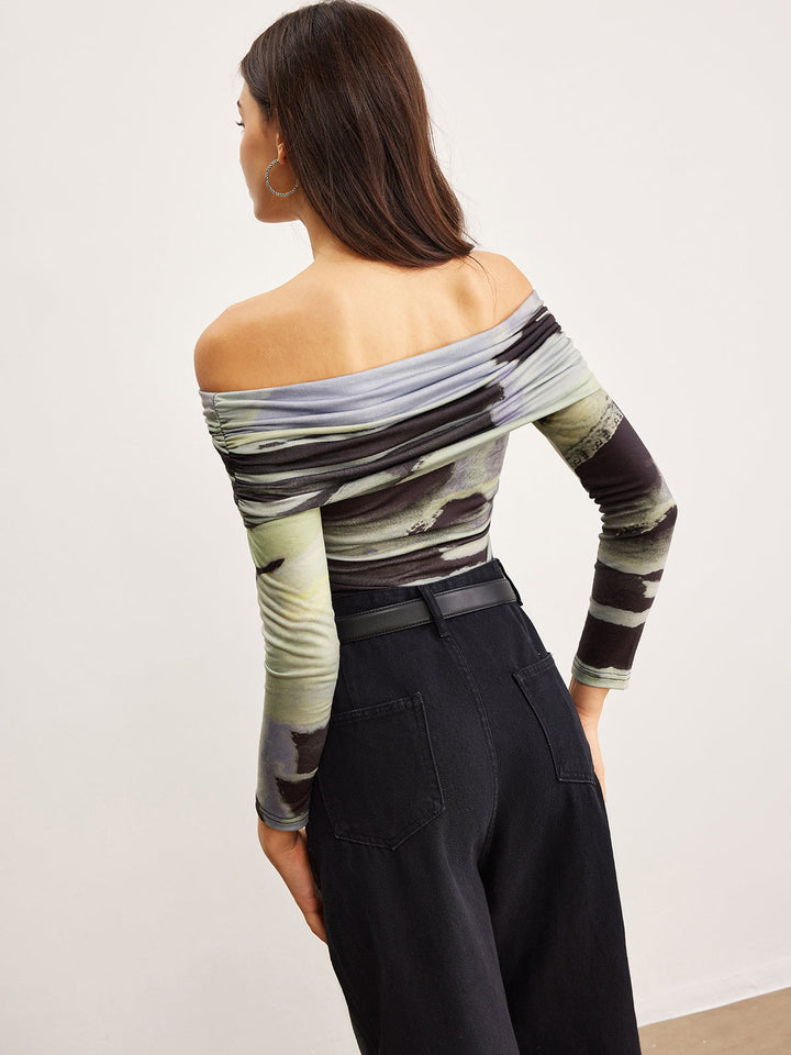 Off-Schulter-T-Shirt mit Batikdruck