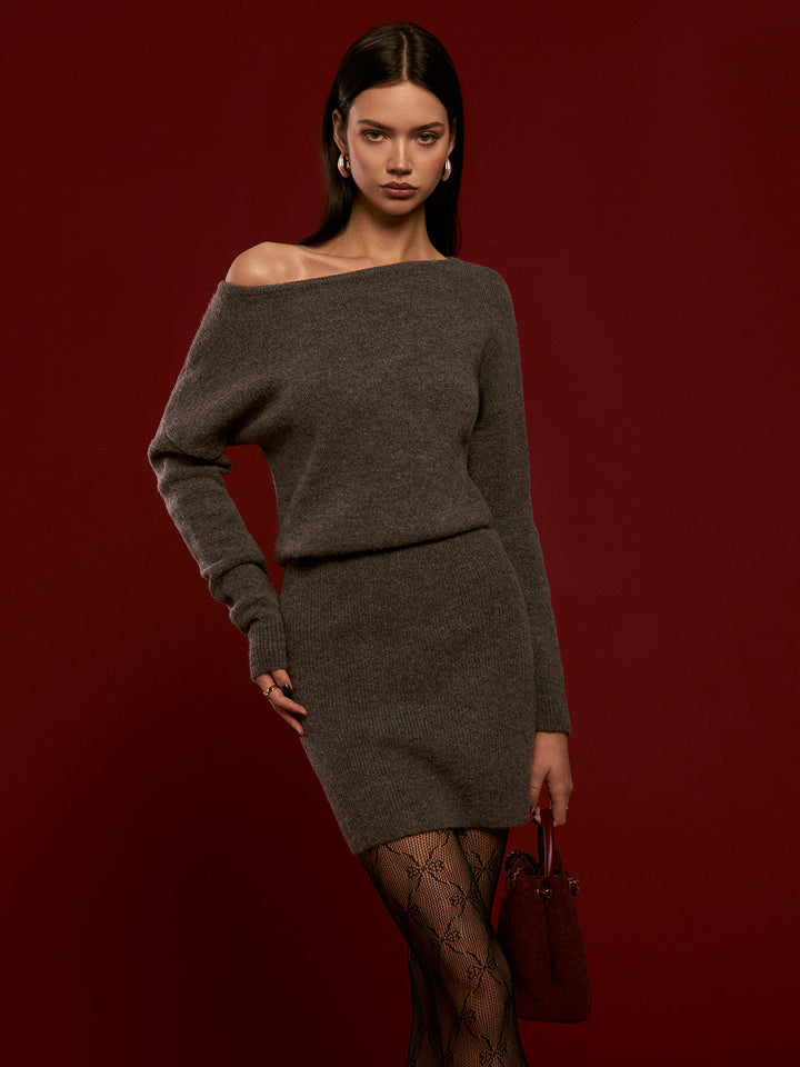 Wollmischung Asymmetrisches Strickkleid