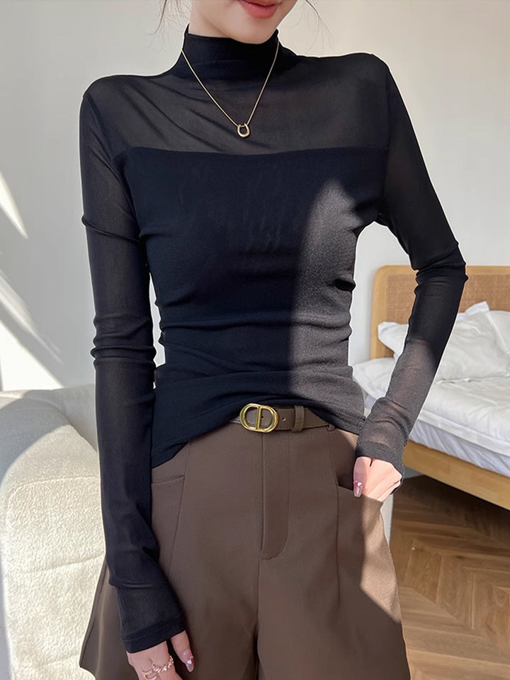 Mock-Neck-Sheer-Mesh-Panel-T-Shirt