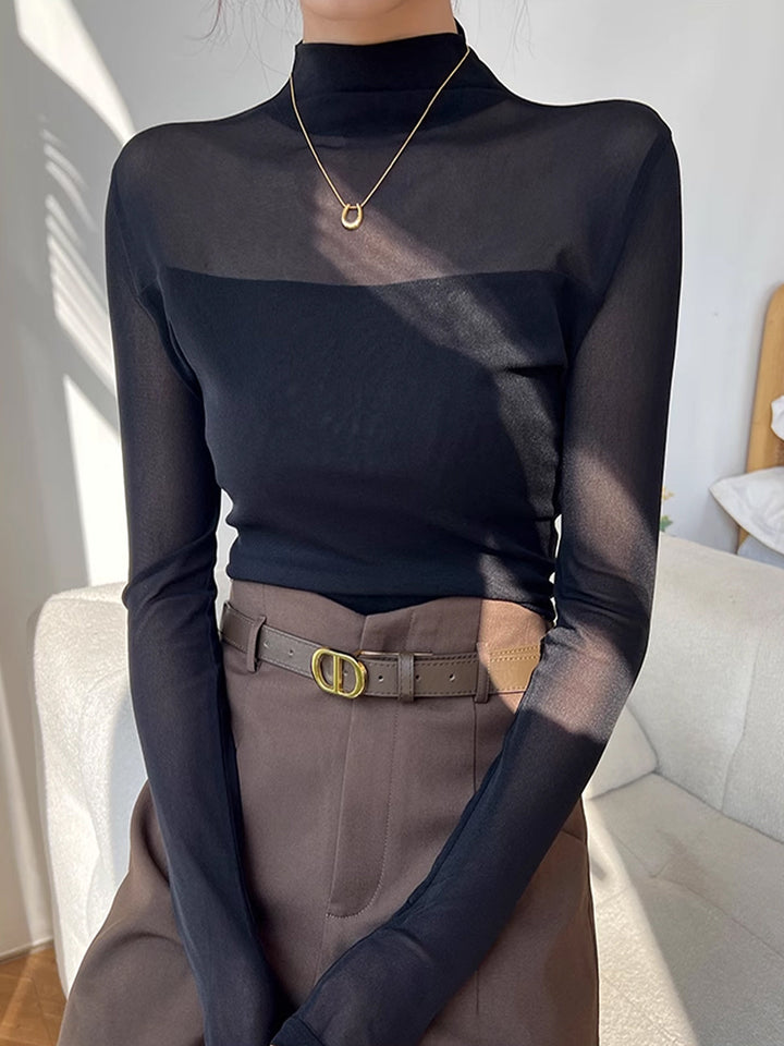 Mock-Neck-Sheer-Mesh-Panel-T-Shirt