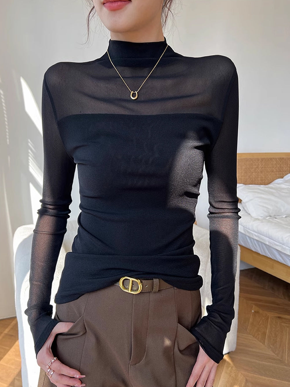 Mock-Neck-Sheer-Mesh-Panel-T-Shirt