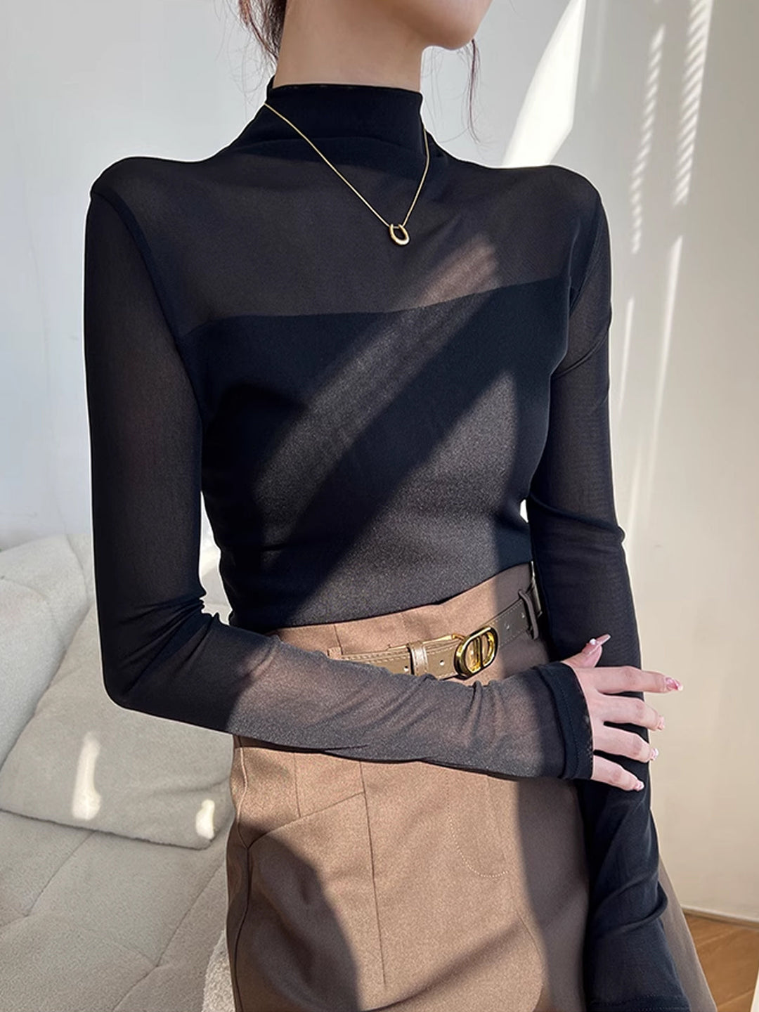 Mock-Neck-Sheer-Mesh-Panel-T-Shirt