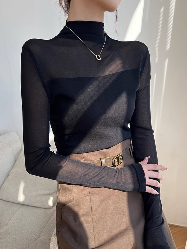 Mock-Neck-Sheer-Mesh-Panel-T-Shirt