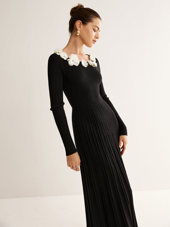Blumen-Dekor Falten-Strickkleid