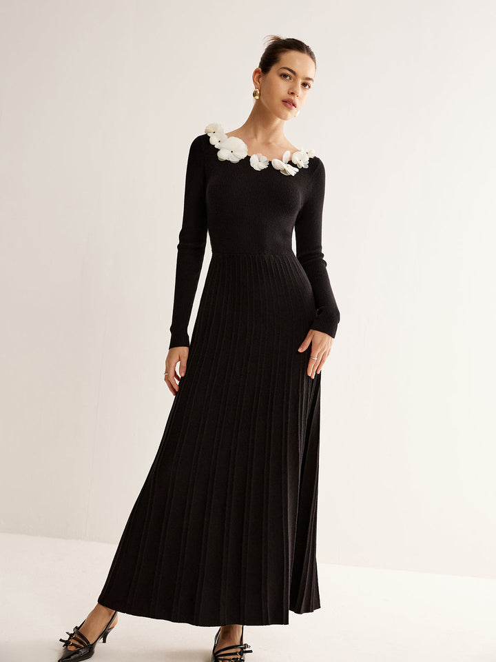 Blumen-Dekor Falten-Strickkleid