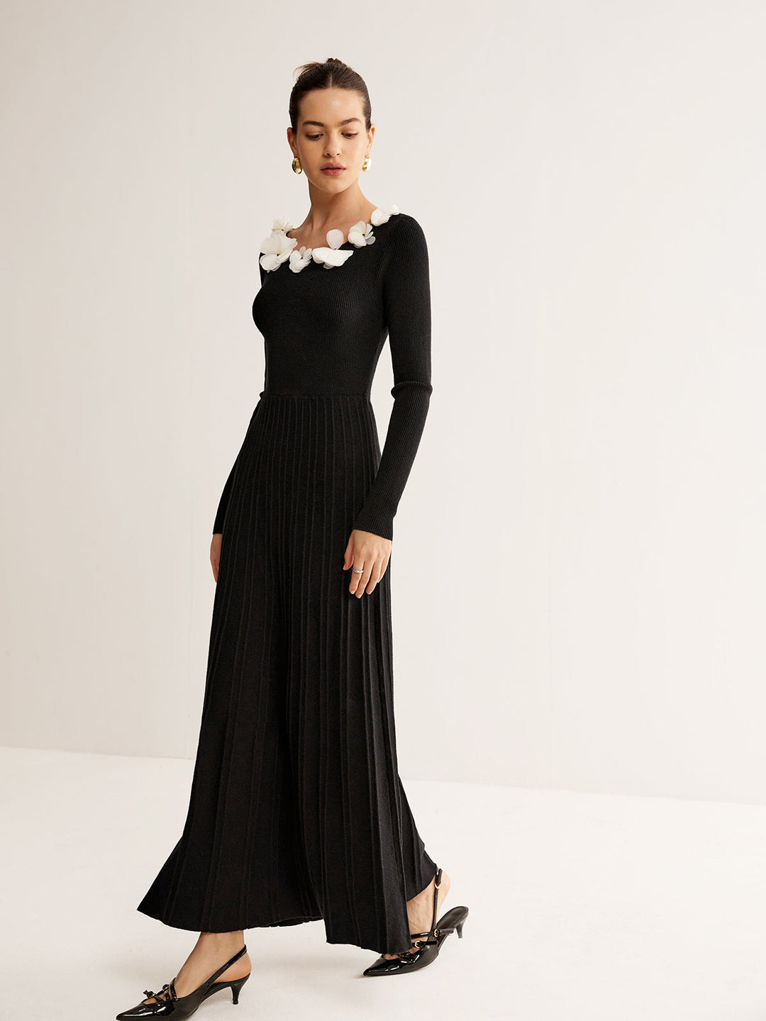 Blumen-Dekor Falten-Strickkleid