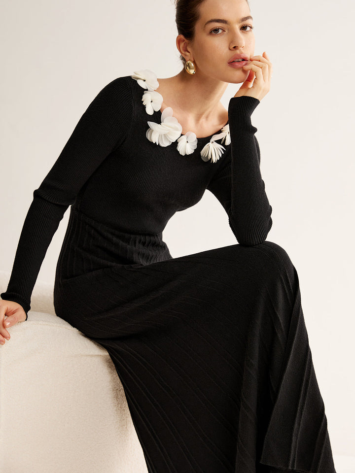 Blumen-Dekor Falten-Strickkleid