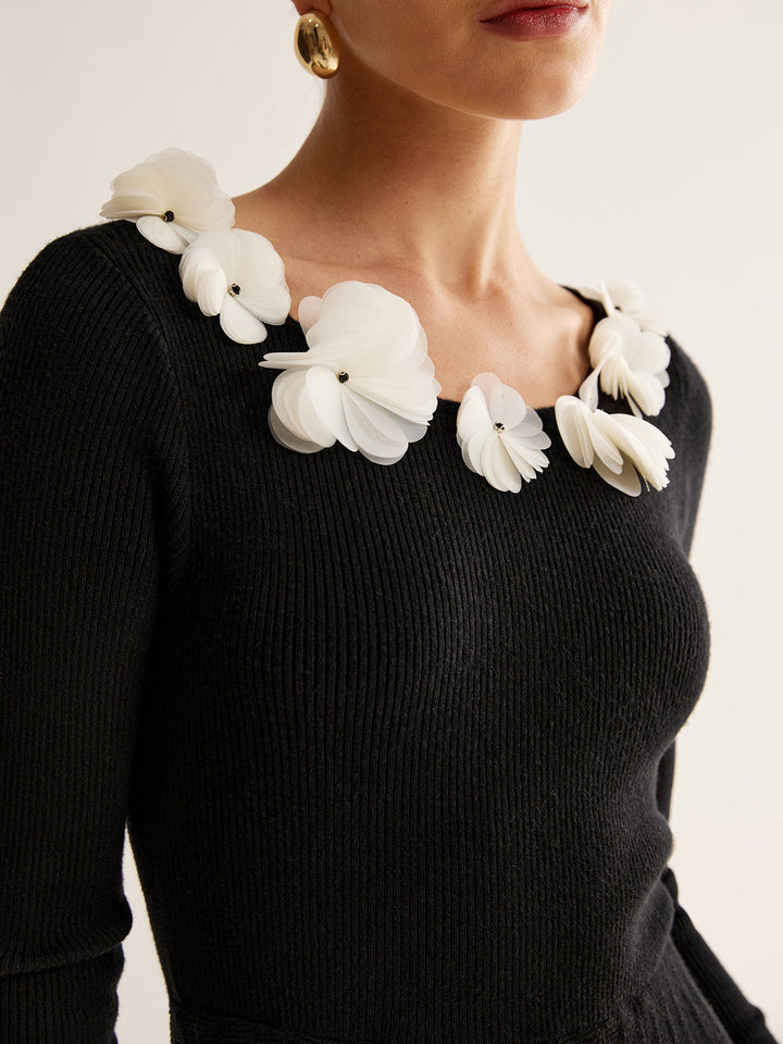 Blumen-Dekor Falten-Strickkleid