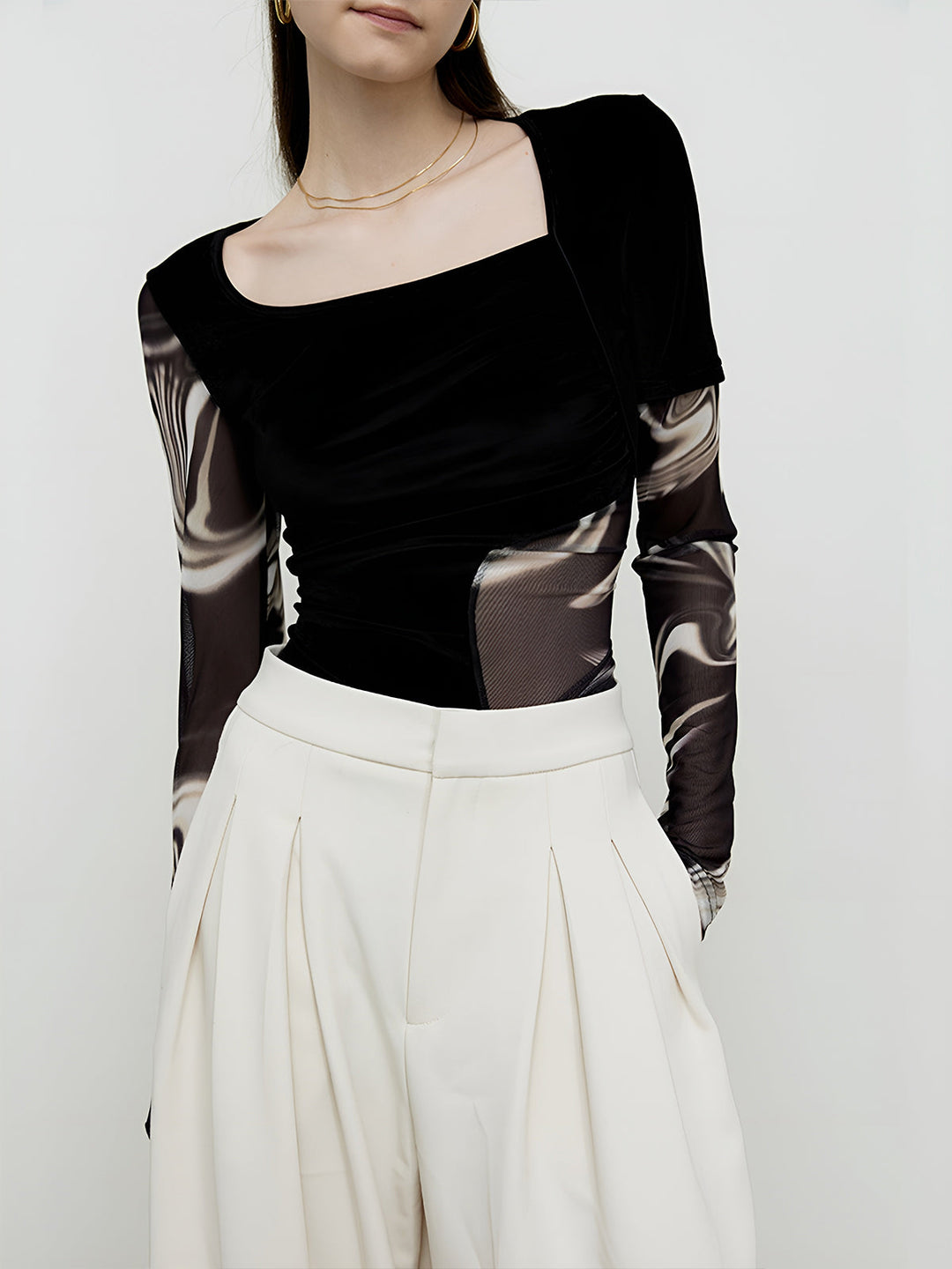 Semi-Sheer Geometrisches Print Mesh Jersey Oberteil
