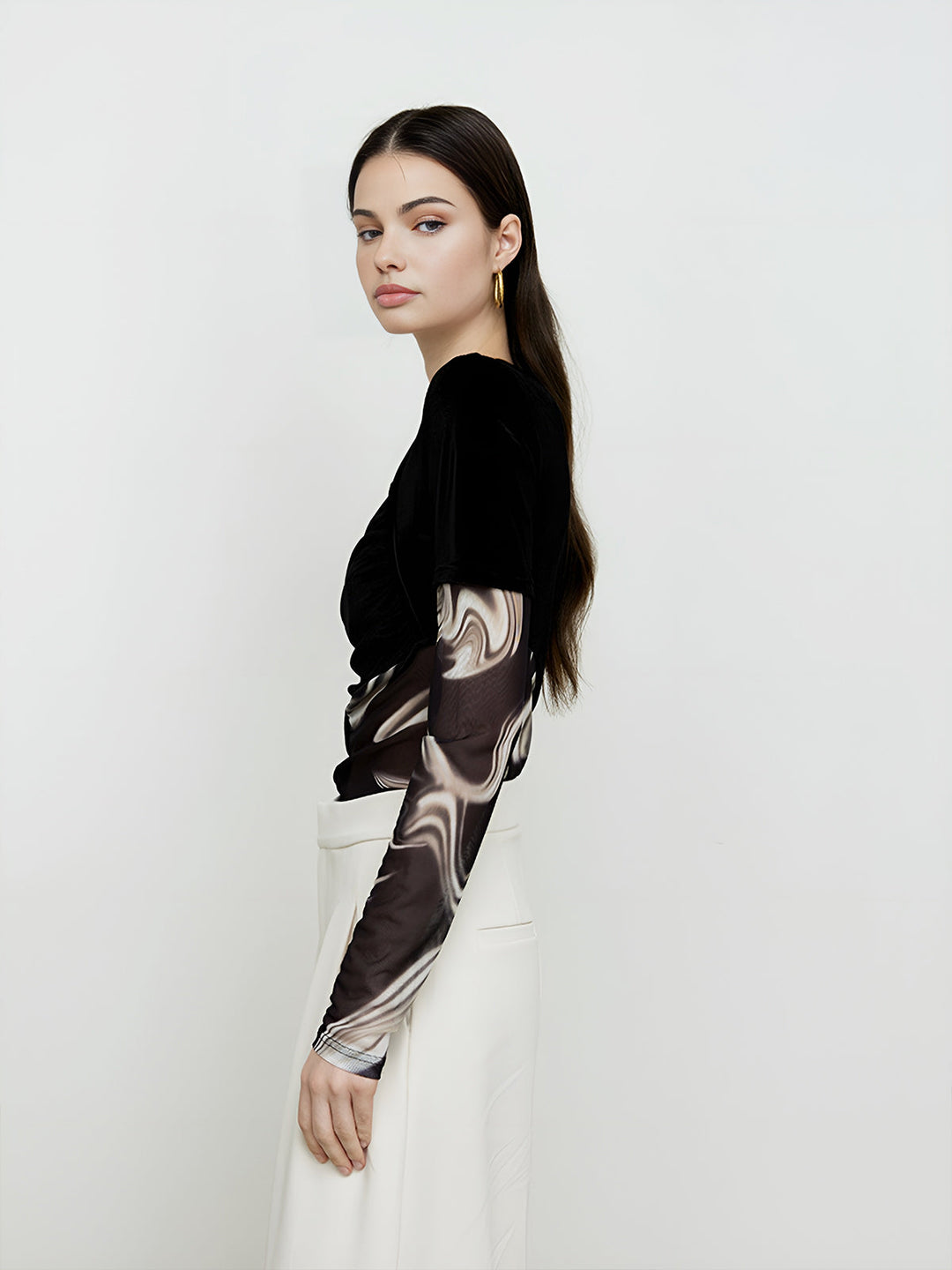Semi-Sheer Geometrisches Print Mesh Jersey Oberteil
