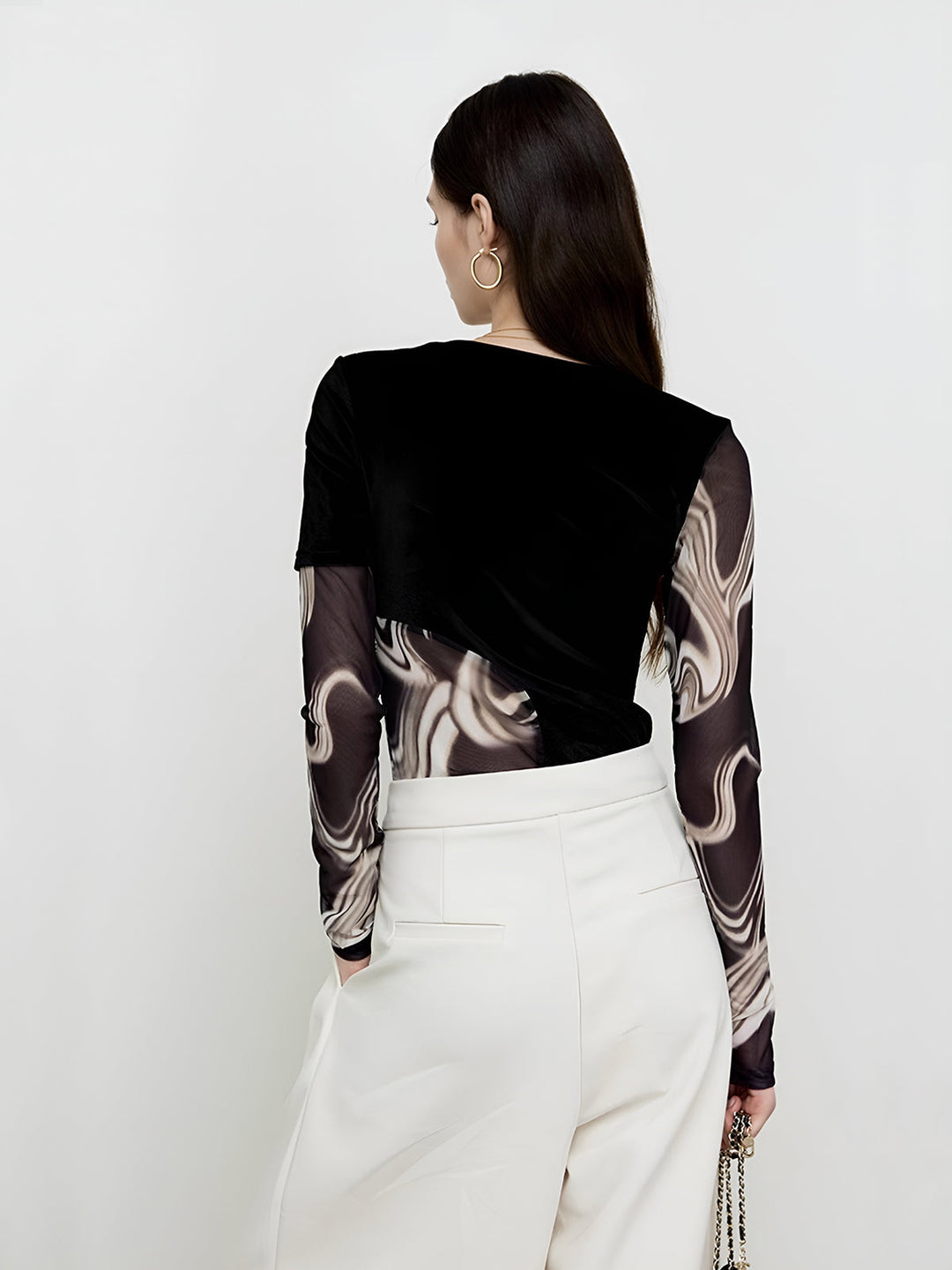 Semi-Sheer Geometrisches Print Mesh Jersey Oberteil