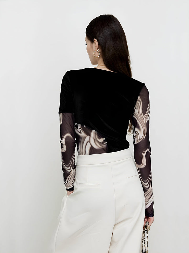Semi-Sheer Geometrisches Print Mesh Jersey Oberteil