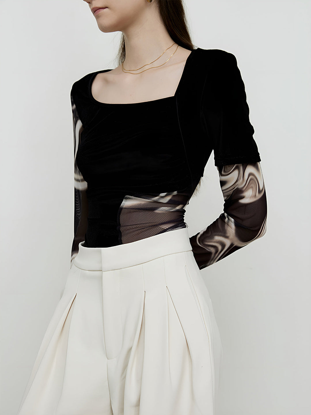 Semi-Sheer Geometrisches Print Mesh Jersey Oberteil